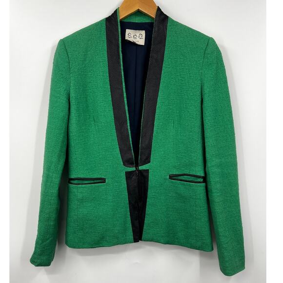 Sea New York Green Black Perforated Leather Zip Up Blazer Jacket‎ Size 4 - Picture 1 of 9